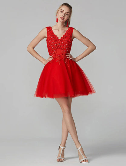 A-Line Party Dress Homecoming Graduation Short / Mini Sleeveless V Neck Lace Over Tulle with Crystals Appliques by YiHuiw