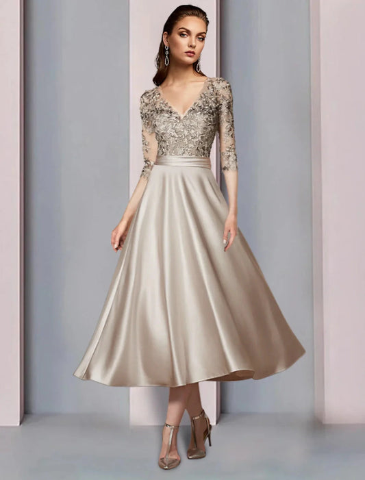A-Line Mother of the Bride Dress Wedding Guest Elegant V Neck Tea Length Satin Lace Half Sleeve with Pleats Appliques by YiHuiw