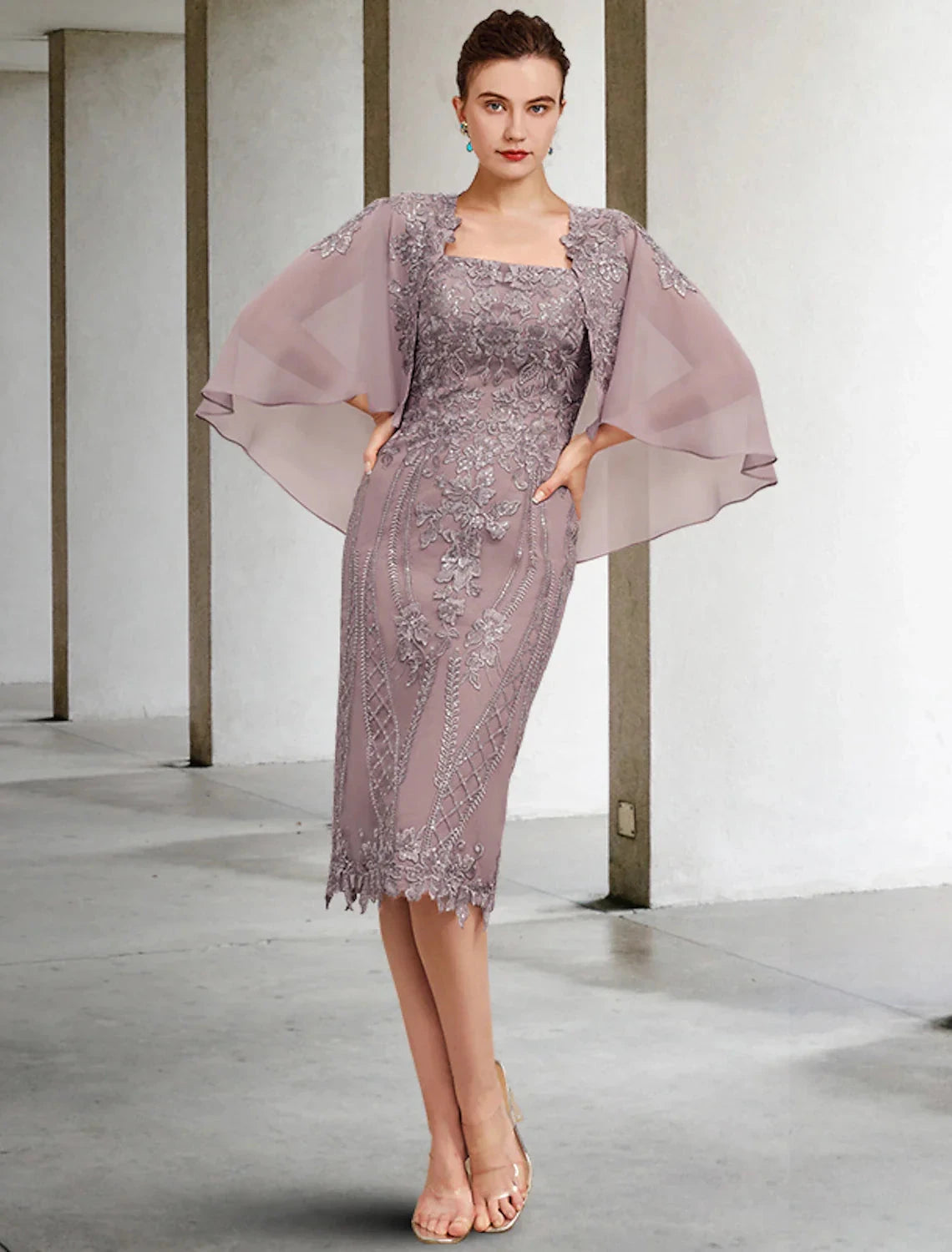Sheath / Column Mother of the Bride Dress Vintage Elegant Square Neck Knee Length Chiffon Lace Sleeveless Jacket Dresses with Appliques by YiHuiw