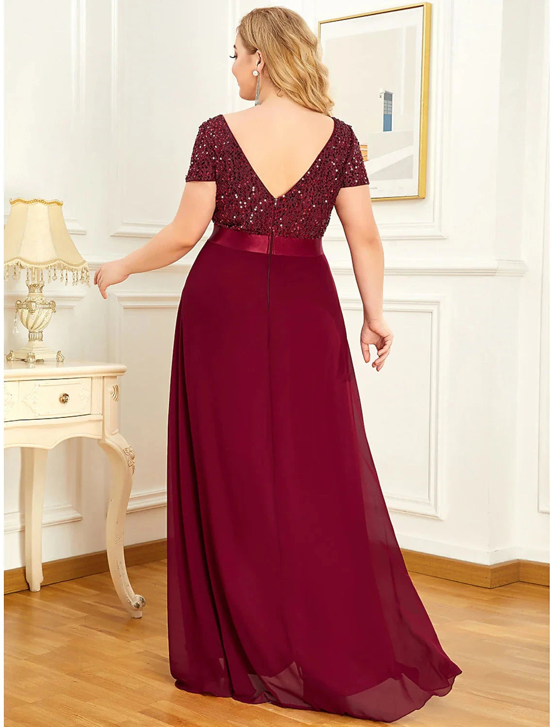 A-Line Plus Size Elegant Homecoming Formal Evening Dress Jewel Neck Short Sleeve Asymmetrical Chiffon with Sequin by YiHuiw
