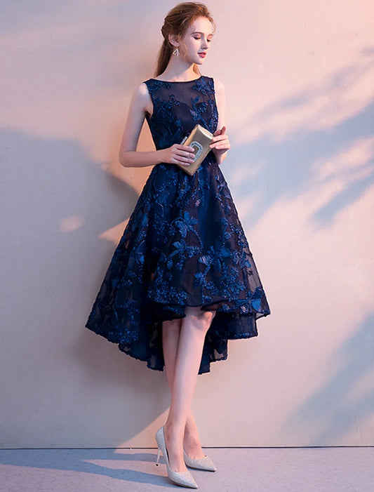 A-Line Cocktail Dresses Minimalist Dress Homecoming Party Wear Asymmetrical Sleeveless Jewel Neck Tulle with Pleats Pattern / Print by YiHuiw
