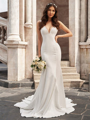 Trumpet/Mermaid  Crepe V-neck Ruffles Sleeveless Chapel Train Wedding Dresses