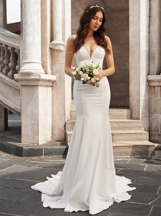 Trumpet/Mermaid Crepe V-neck Ruffles Sleeveless Chapel Train Wedding Dresses by YiHuiw