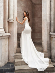 Trumpet/Mermaid  Crepe V-neck Ruffles Sleeveless Chapel Train Wedding Dresses