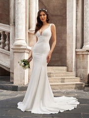 Trumpet/Mermaid  Crepe V-neck Ruffles Sleeveless Chapel Train Wedding Dresses