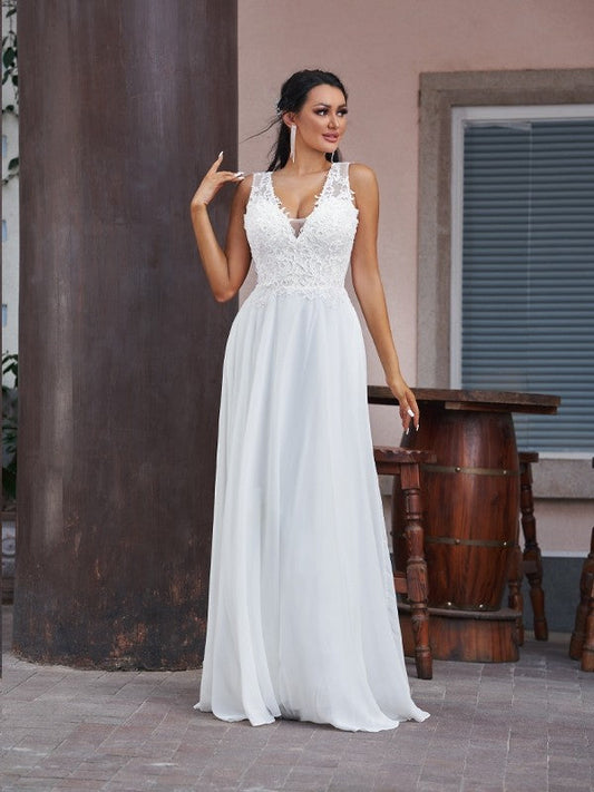 A-Line/Princess Chiffon Lace V-neck Sleeveless Floor-Length Wedding Dresses by YiHuiw