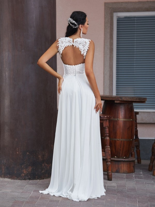 A-Line/Princess Chiffon Lace V-neck Sleeveless Floor-Length Wedding Dresses by YiHuiw