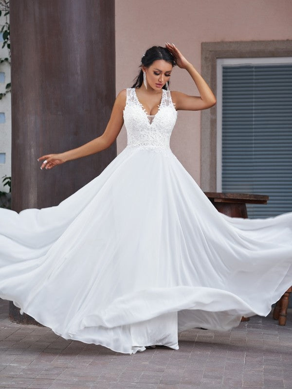 A-Line/Princess Chiffon Lace V-neck Sleeveless Floor-Length Wedding Dresses by YiHuiw