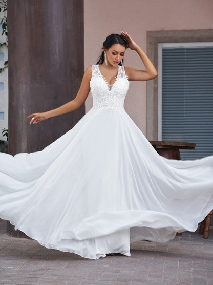 A-Line/Princess Chiffon Lace V-neck Sleeveless Floor-Length Wedding Dresses by YiHuiw