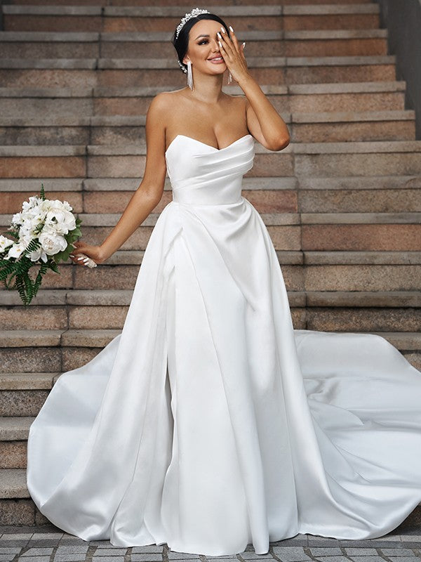 A-Line/Princess Satin Ruffles Sweetheart Sleeveless Chapel Train Wedding Dresses by YiHuiw