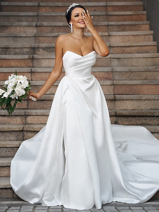 A-Line/Princess Satin Ruffles Sweetheart Sleeveless Chapel Train Wedding Dresses by YiHuiw