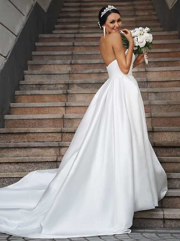 A-Line/Princess Satin Ruffles Sweetheart Sleeveless Chapel Train Wedding Dresses by YiHuiw