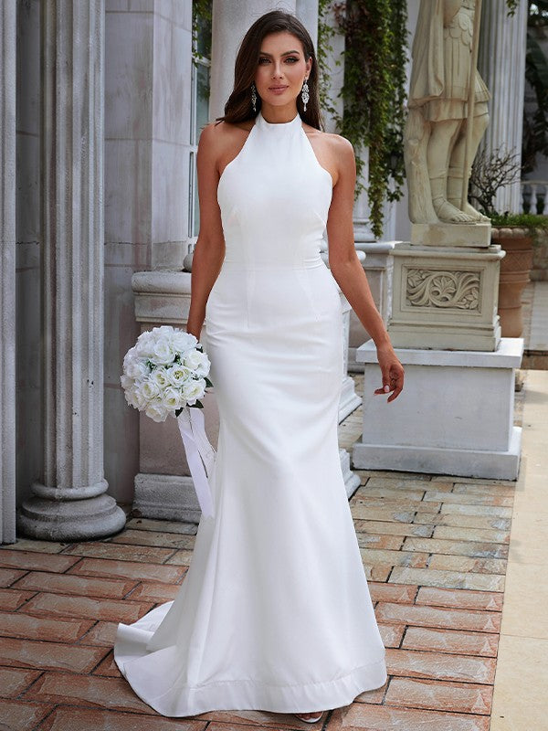 Sheath/Column Crepe Ruched Halter Sleeveless Sweep/Brush Train Wedding Dresses by YiHuiw