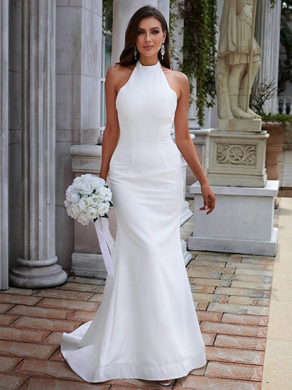 Sheath/Column Crepe Ruched Halter Sleeveless Sweep/Brush Train Wedding Dresses by YiHuiw