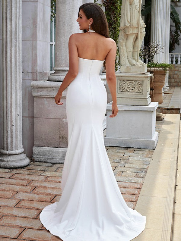 Sheath/Column Crepe Ruched Halter Sleeveless Sweep/Brush Train Wedding Dresses by YiHuiw