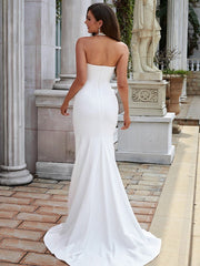 Sheath/Column  Crepe Ruched Halter Sleeveless Sweep/Brush Train Wedding Dresses
