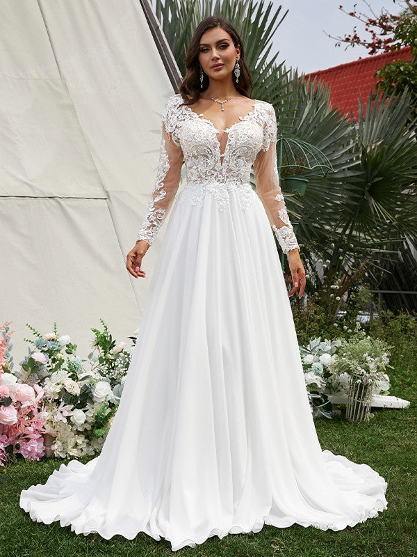 A-Line/Princess Chiffon Applique V-neck Long Sleeves Sweep/Brush Train Wedding Dresses by YiHuiw