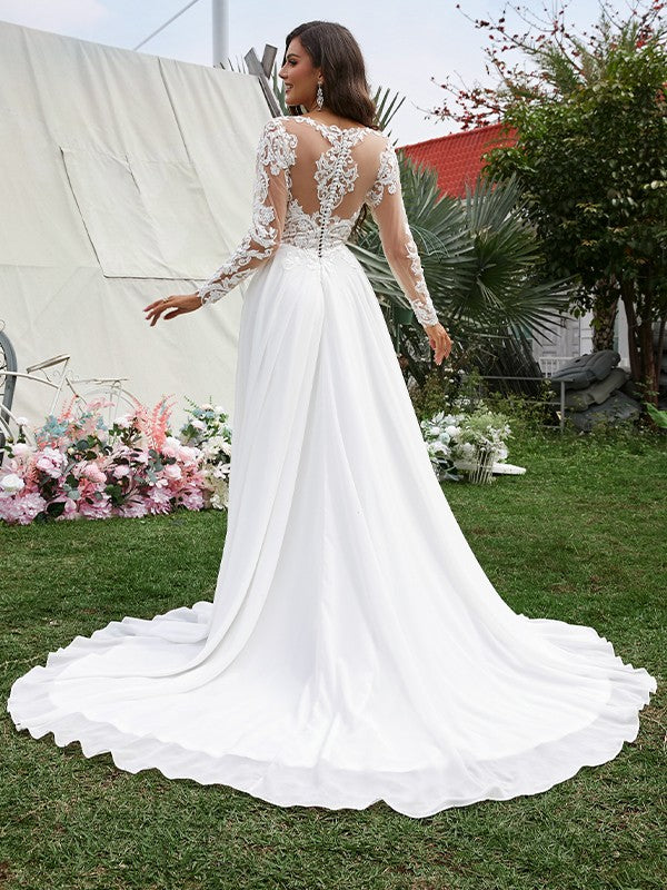 A-Line/Princess Chiffon Applique V-neck Long Sleeves Sweep/Brush Train Wedding Dresses by YiHuiw