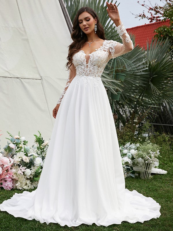 A-Line/Princess Chiffon Applique V-neck Long Sleeves Sweep/Brush Train Wedding Dresses by YiHuiw