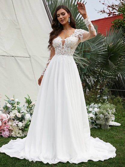 A-Line/Princess Chiffon Applique V-neck Long Sleeves Sweep/Brush Train Wedding Dresses by YiHuiw