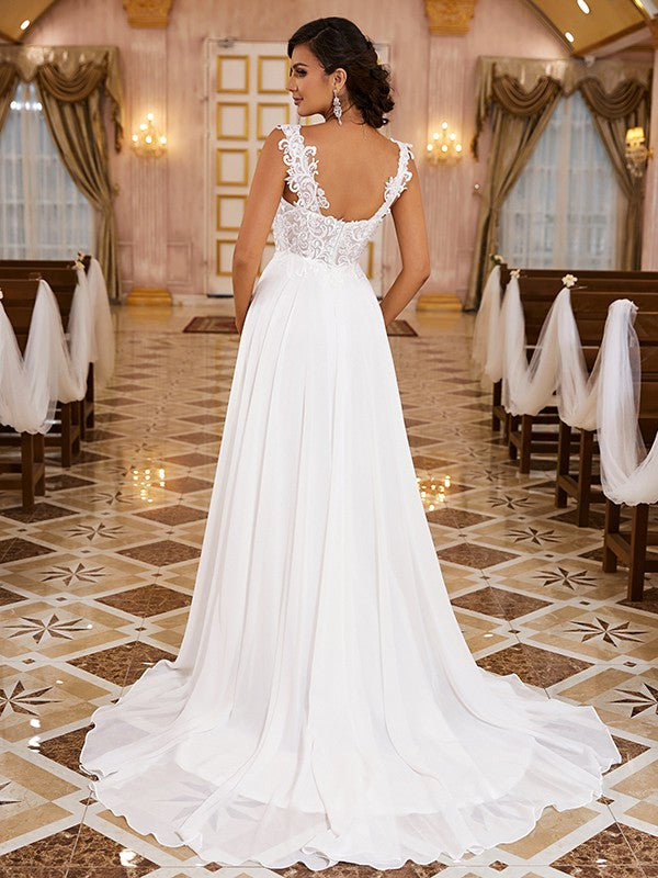 A-Line/Princess Chiffon Applique Straps Sleeveless Sweep/Brush Train Wedding Dresses by YiHuiw