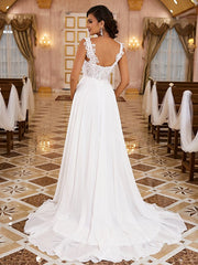 A-Line/Princess Chiffon Applique Straps Sleeveless Sweep/Brush Train Wedding Dresses