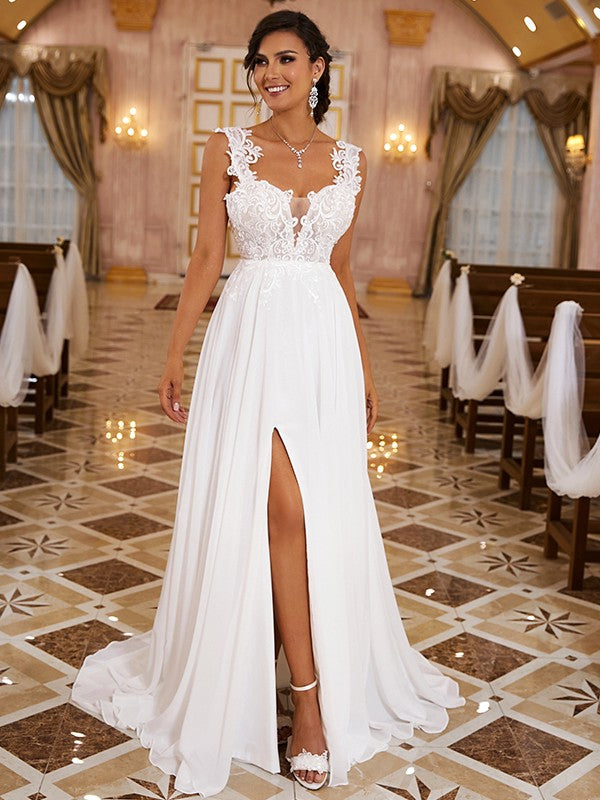 A-Line/Princess Chiffon Applique Straps Sleeveless Sweep/Brush Train Wedding Dresses by YiHuiw