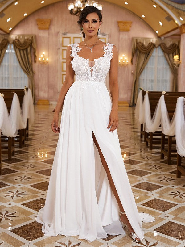 A-Line/Princess Chiffon Applique Straps Sleeveless Sweep/Brush Train Wedding Dresses by YiHuiw