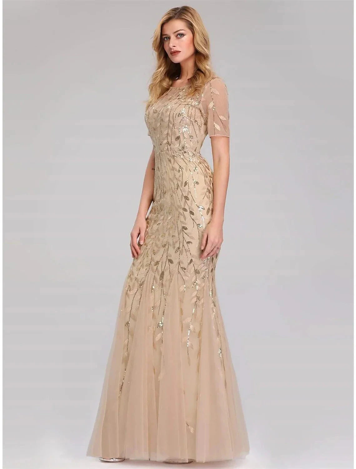 Mermaid / Trumpet Empire Elegant Party Wear Formal Evening Dress Jewel Neck Short Sleeve Floor Length Tulle with Embroidery by YiHuiw