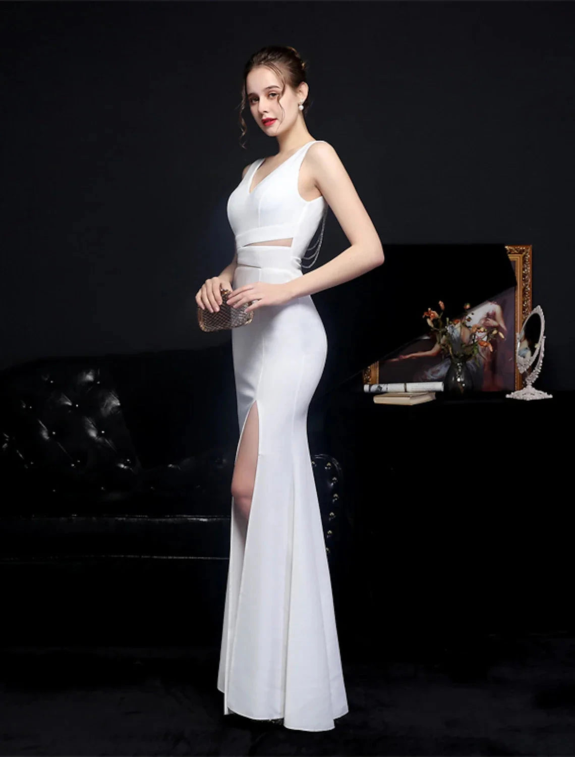 Mermaid / Trumpet Prom Dresses Elegant Dress Formal Wedding Guest Floor Length Sleeveless V Neck Polyester with Slit by YiHuiw