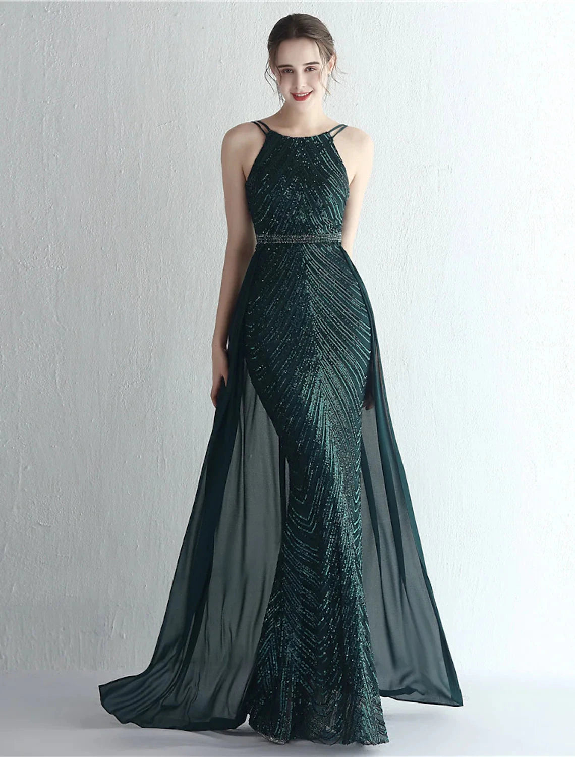 Mermaid / Trumpet Prom Dresses Sparkle & Shine Dress Formal Wedding Guest Floor Length Sleeveless Halter Neck Chiffon with Beading Sequin by YiHuiw