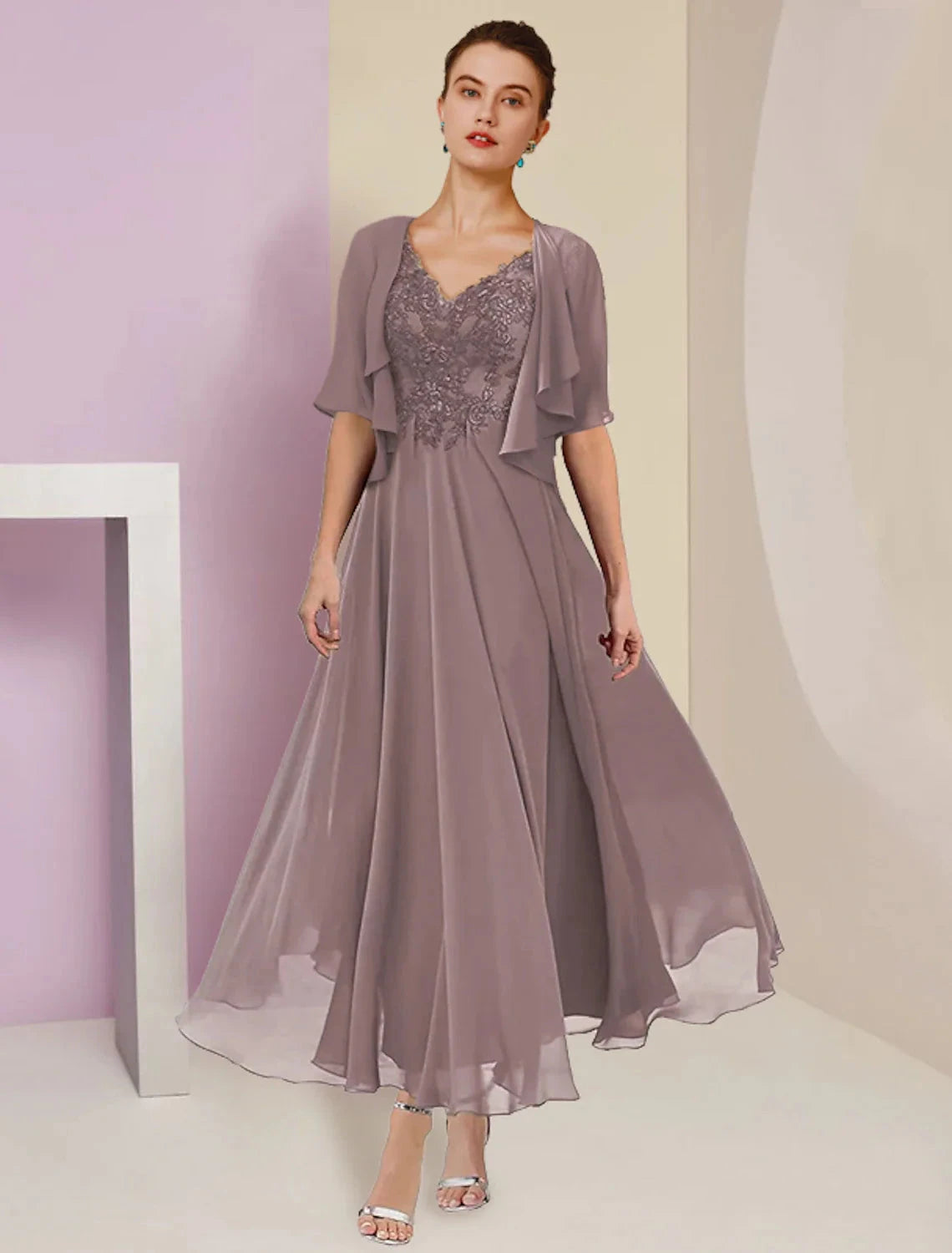 Two Piece A-Line Mother of the Bride Dress Formal Wedding Guest Elegant V Neck Tea Length Chiffon Lace Short Sleeve Jacket Dresses with Pleats Appliques by YiHuiw