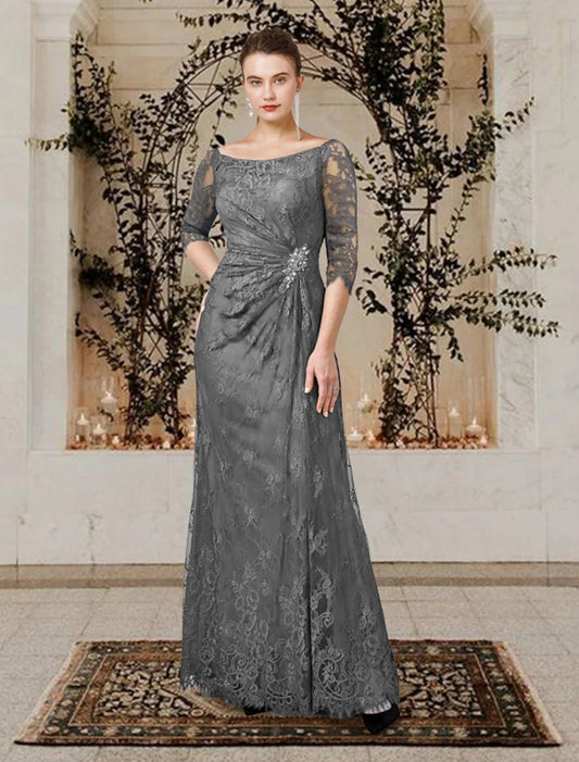 A-Line Mother of the Bride Dress Wedding Guest Plus Size Elegant Jewel Neck Floor Length Lace Short Sleeve with Ruffles Crystal Brooch Side-Draped Fall by YiHuiw