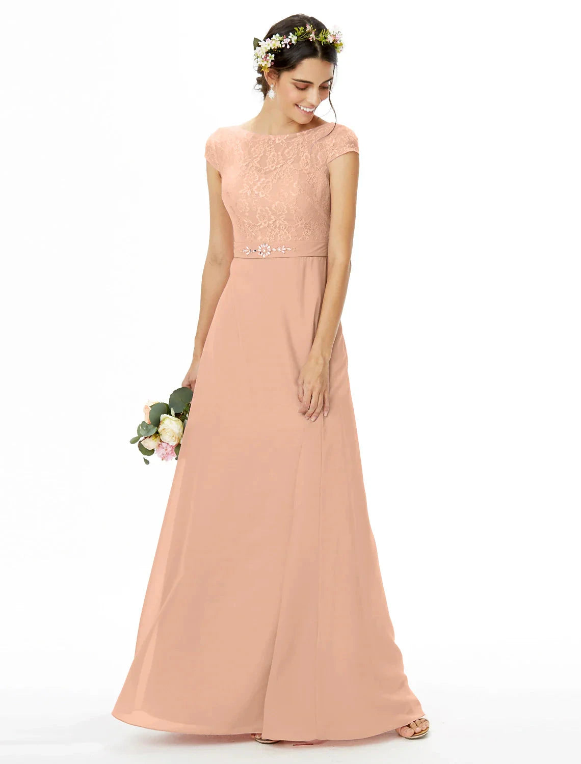 Sheath / Column Bridesmaid Dress Bateau Neck Short Sleeve Elegant Floor Length Chiffon / Lace with Lace / Sash / Ribbon / Bow(s) by YiHuiw