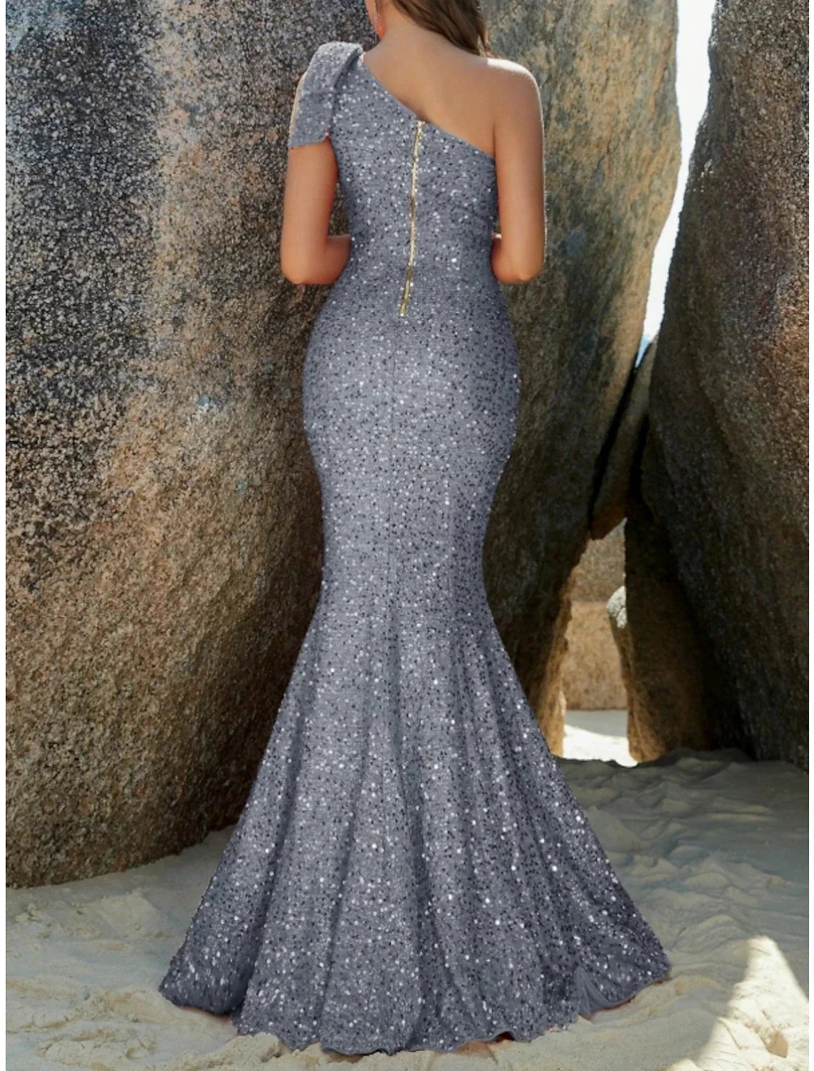 Mermaid / Trumpet Evening Gown Sparkle & Shine Dress Formal Fall Sweep / Brush Train Sleeveless One Shoulder Sequined with Glitter Shouder Flower by YiHuiw