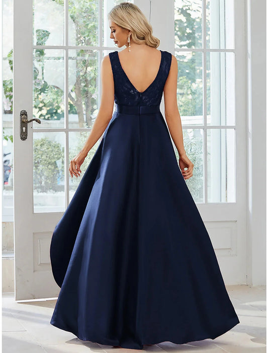 A-Line Wedding Guest Dresses Casual Dress Party Wear Asymmetrical Sleeveless Jewel Neck Satin with Pure Color by YiHuiw