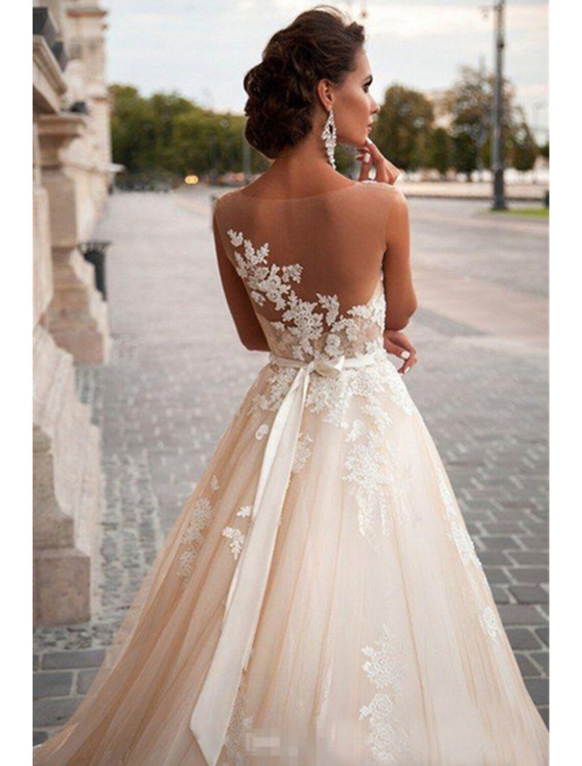Engagement Open Back Formal Wedding Dresses Ball Gown Illusion Neck Sleeveless Court Train Satin Bridal Gowns With Appliques Summer Wedding Party, Women's Clothing by YiHuiw