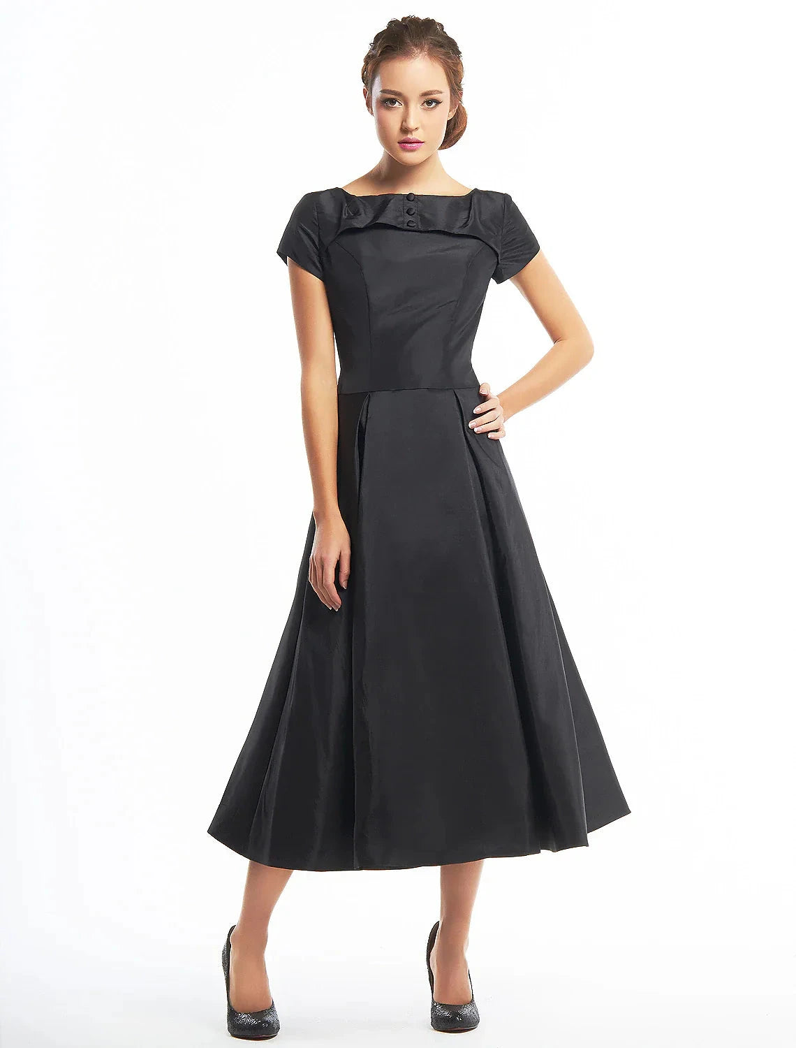 A-Line Black Dress Vintage Homecoming Wedding Guest Tea Length Short Sleeve Boat Neck Taffeta with Buttons by YiHuiw