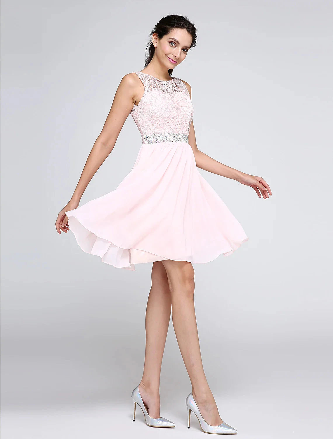 A-Line Special Occasion Dresses Party Dress Homecoming Graduation Short / Mini Sleeveless Illusion Neck Pink Dress Chiffon V Back Low Back with Crystals by YiHuiw