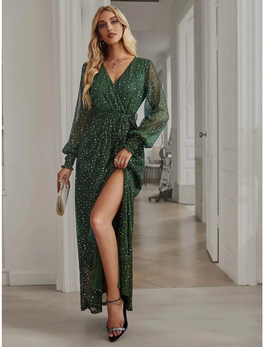 A-Line Party Dresses Sparkle & Shine Dress Birthday Fall Ankle Length Long Sleeve V Neck Chiffon with Glitter Sequin Slit by YiHuiw