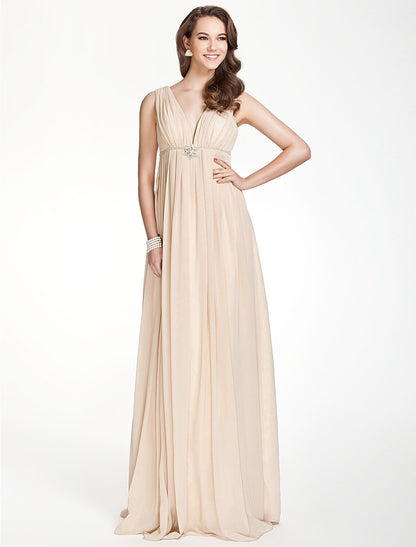 A-Line Bridesmaid Dress V Neck Sleeveless Beautiful Back Floor Length Chiffon with Pleats / Beading / Draping by YiHuiw