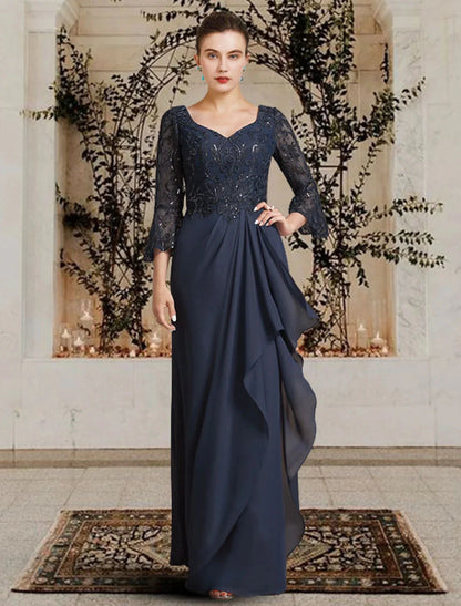 Sheath / Column Mother of the Bride Dress Elegant V Neck Floor Length Chiffon Lace 3/4 Length Sleeve with Pleats Appliques by YiHuiw