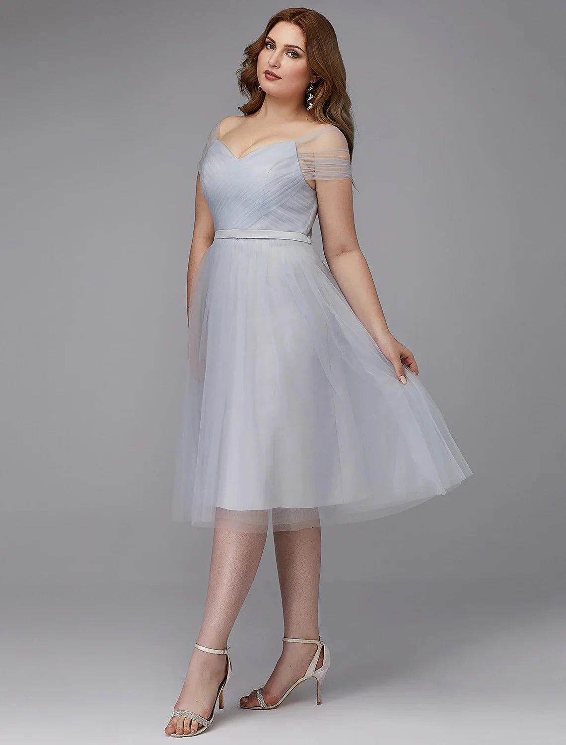 A-Line Elegant Dress Wedding Guest Cocktail Party Tea Length Short Sleeve Off Shoulder Tulle with Sash / Ribbon Criss Cross by YiHuiw
