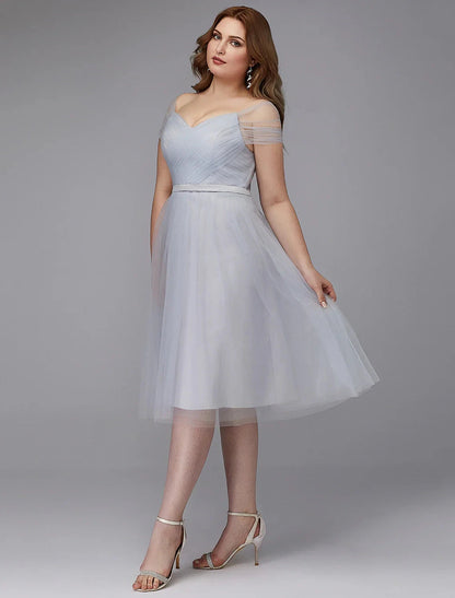 A-Line Elegant Dress Wedding Guest Cocktail Party Tea Length Short Sleeve Off Shoulder Tulle with Sash / Ribbon Criss Cross by YiHuiw