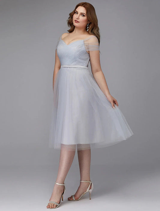 A-Line Elegant Dress Wedding Guest Cocktail Party Tea Length Short Sleeve Off Shoulder Tulle with Sash / Ribbon Criss Cross by YiHuiw