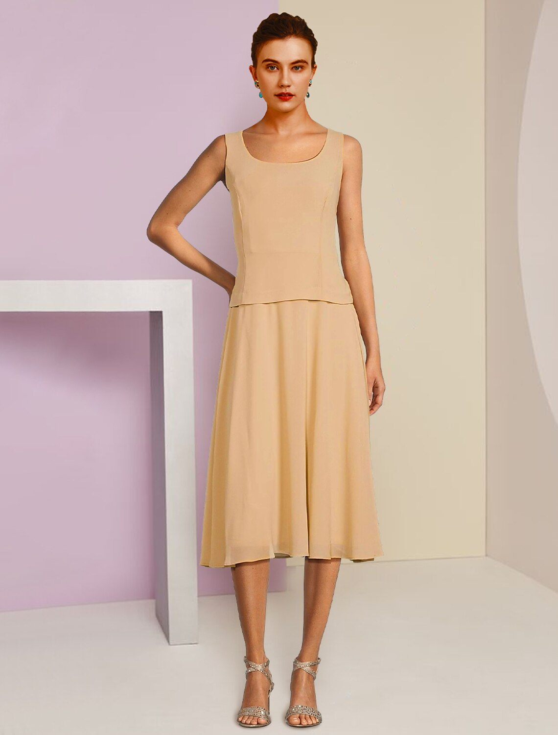 A-Line Mother of the Bride Dress Wedding Guest Elegant Petite Scoop Neck Tea Length Chiffon Lace 3/4 Length Sleeve with Pleats Crystal Brooch by YiHuiw