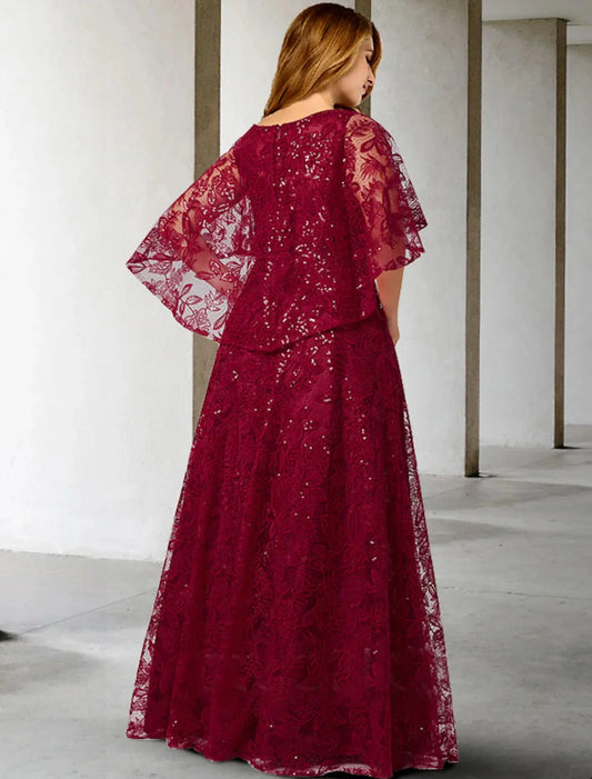 A-Line Mother of the Bride Dress Plus Size Hide Belly Elegant Jewel Neck Floor Length Lace Half Sleeve No with Sequin Appliques by YiHuiw