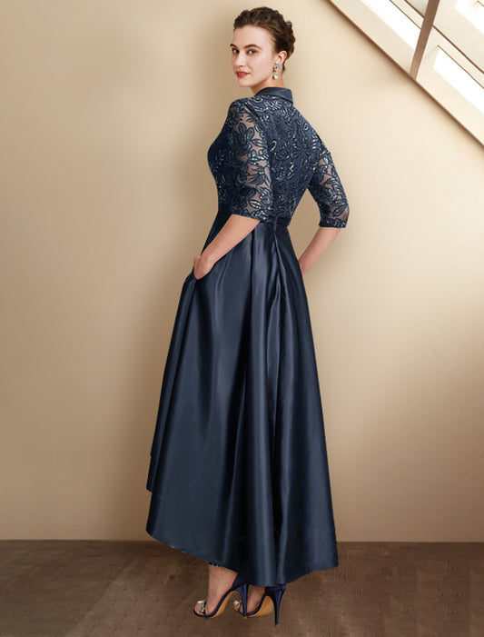 A-Line Mother of the Bride Dress Plus Size Elegant High Low Shirt Collar Asymmetrical Tea Length Satin Lace Half Sleeve with Pleats Sequin Appliques by YiHuiw