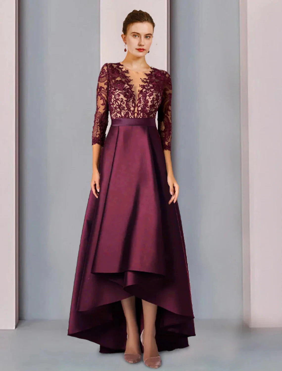 A-Line Mother of the Bride Dress Formal Church Elegant High Low Scoop Neck Asymmetrical Tea Length Satin Lace 3/4 Length Sleeve with Appliques by YiHuiw