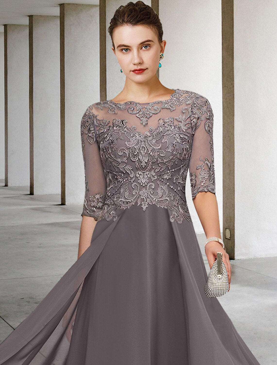 A-Line Mother of the Bride Dress Formal Wedding Guest Elegant Scoop Neck Asymmetrical Ankle Length Chiffon Lace Half Sleeve No with Beading Appliques by YiHuiw